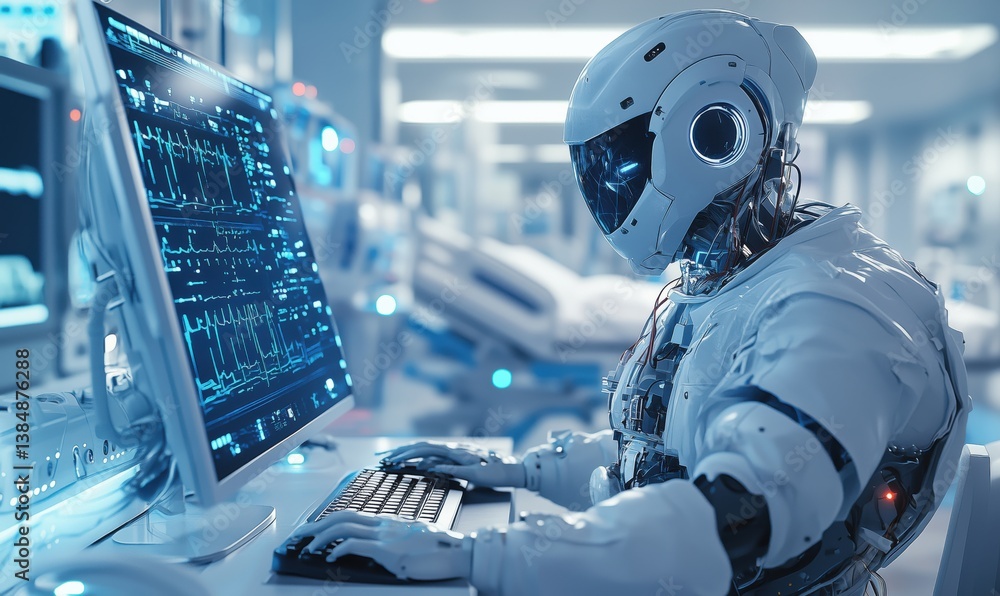 Poster futuristic robot working on medical data analysis in high-tech healthcare environment