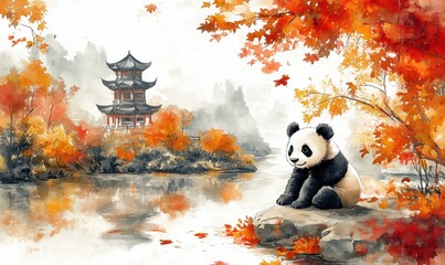 Panda sitting by serene lake surrounded by autumn foliage and traditional pagoda