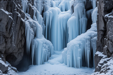 Frozen waterfall cascades down rocky cliffs, forming intricate icy structures in a serene winter scene with snow covered ground.