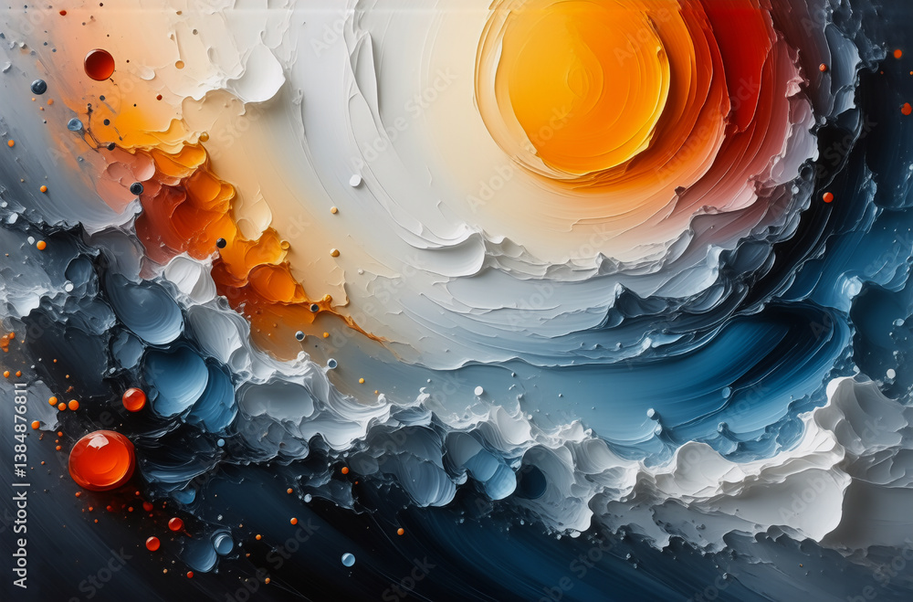 Poster abstract swirls of thick paint in orange, blue, white, grey hues create a dynamic, textured composit
