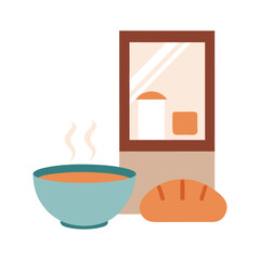  soup bowl, warm bread, foggy window in background on white background