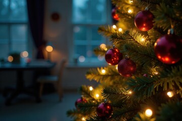 Decorated Christmas tree with twinkling lights, holiday, evergreen