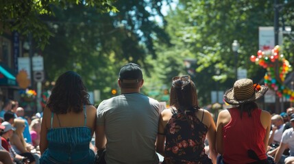 A diverse group of friends enjoying a sunny day at a lively outdoor event, capturing moments of joy and community spirit.