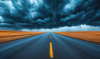 Naklejka premium Dramatic stormy sky over empty highway with golden fields on either side