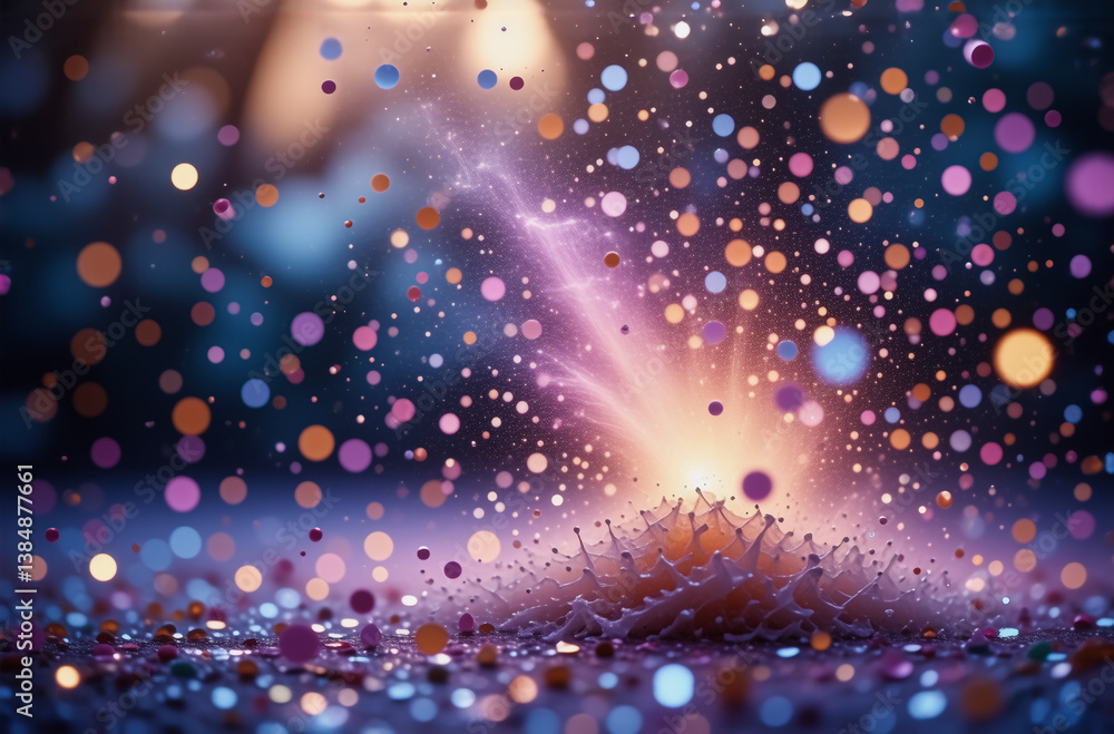 Poster a vibrant explosion of light emanates from a central point. colorful bokeh circles in pink, purple, 