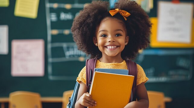 Happy student girl holding books in a classroom - Powered by Adobe