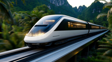 high speed maglev train with sleek aerodynamic design travels through lush green landscape, showcasing modern transportation technology in harmony with nature
