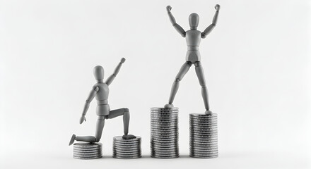 Wooden Figures Climbing Coin Stacks on White Background Representing Success and Financial Growth