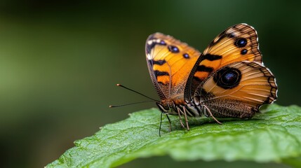 Obraz premium A vibrant orange butterfly resting delicately on a lush green leaf, showcasing nature's beauty and the intricate details of its wings amid a serene backdrop of foliage.