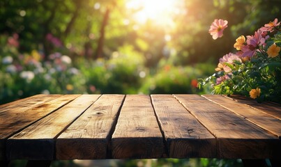 Naklejka premium Wooden table in sunlit garden surrounded by colorful flowers and greenery