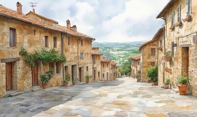 Fototapeta premium Charming Tuscan village street with stone houses and lush greenery