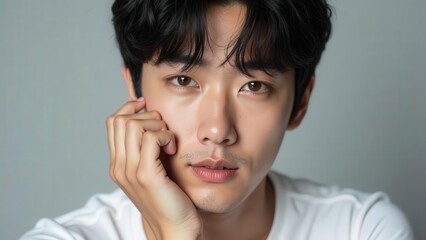Portrait of a young man with dark hair posing with his hand near his face on a gray background