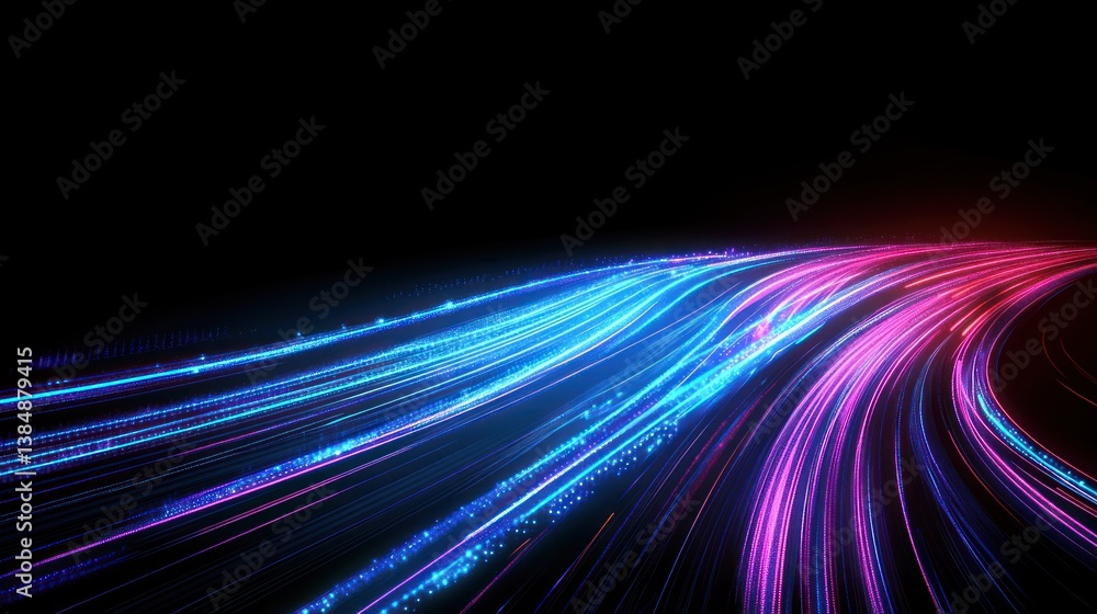 Poster futuristic glowing light trails illuminate a curved path in a dark background