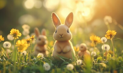 Cute rabbits in a sunny meadow surrounded by flowers and dandelions