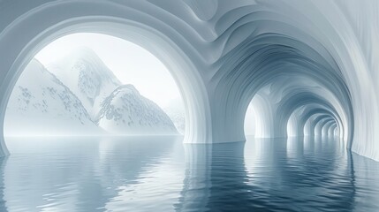 Ice Cave Tunnel, Mountain Views, Water Reflection, Architectural Design