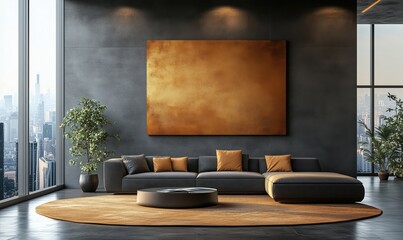 Modern living room with stylish gray sofa and large golden artwork on wall