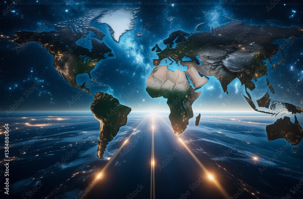 Aufkleber world map with city lights at night, illuminated by bright rays stretching towards it from below in 