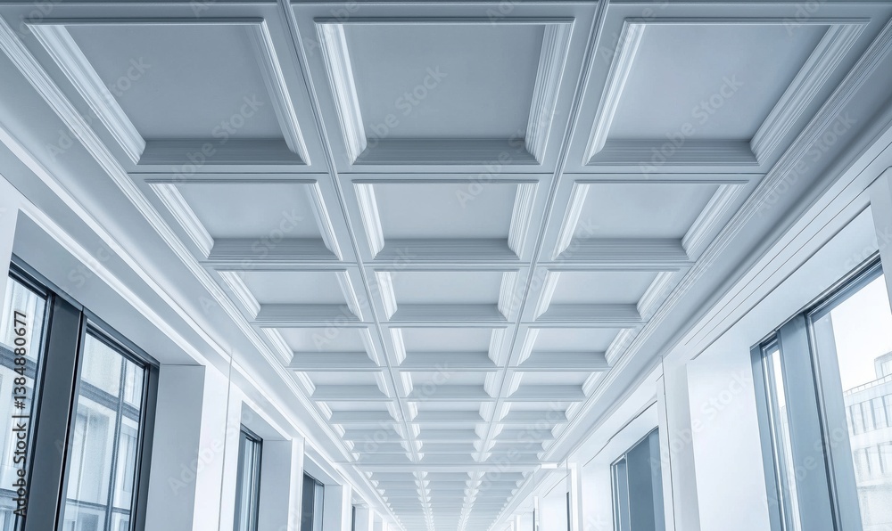 Poster elegant coffered ceiling design in modern architectural corridor with large windows