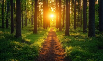 Fototapeta premium sunset glow illuminating forest path through tall trees in serene woodland setting