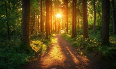 Fototapeta premium Sunlight Streaming Through Trees on Serene Forest Pathway