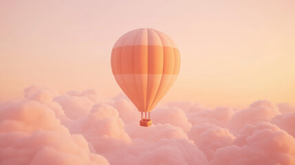 Fototapeta premium A soft beige hot air balloon with thin tan stripes, calmly hovering above layered dusk clouds, horizon kissed by warm light