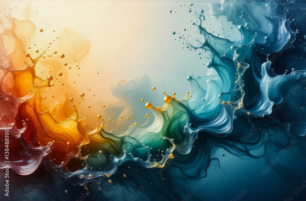 Poster abstract fluid art with swirling blue and orange hues creating dynamic movement. liquid paint splash