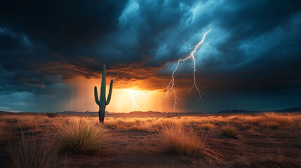 Fototapeta premium lone cactus stands against dramatic sky filled with dark clouds and striking lightning, creating powerful and intense atmosphere in desert landscape