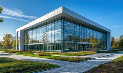 Obraz premium Modern glass building with landscaped surroundings and clear blue sky