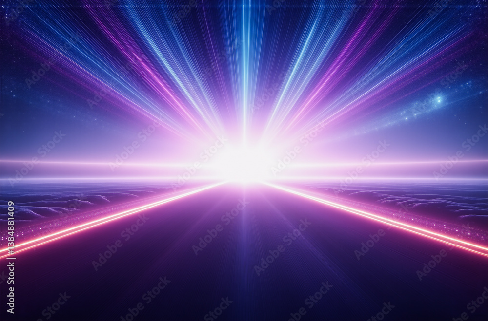 Aufkleber an abstract image of radiant blue and pink light beams emanating from a central point on the horizon