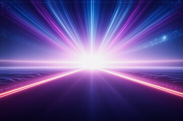 Obraz premium An abstract image of radiant blue and pink light beams emanating from a central point on the horizon, creating a futuristic, energetic scene.