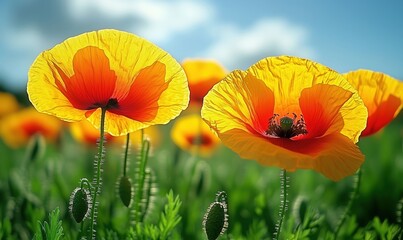 Fototapeta premium Vibrant orange poppy flowers blooming in sunny field with blue sky background