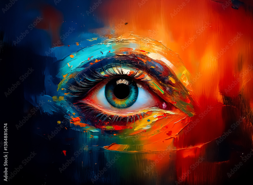 Leinwandbilder vivid artwork features a central eye painted with dynamic brushstrokes and contrasting bright and da