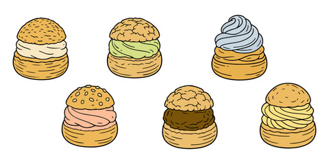 Illustration of Different Choux Pastries Isolated