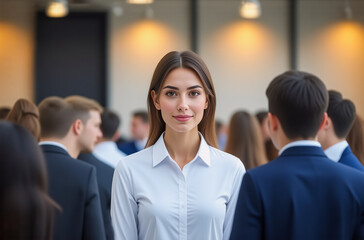 Fototapeta premium Confident woman in white shirt stands out in a blurred crowd of people in a corporate environment. She is looking forward with a professional demeanor.