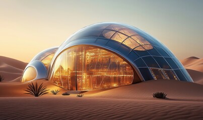 Obraz premium Futuristic desert habitat with glowing architecture and organic shapes at sunset