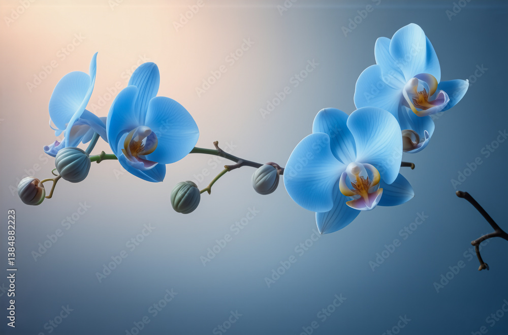Poster a branch of light blue orchid flowers in full bloom and closed buds is featured against a soft, subt