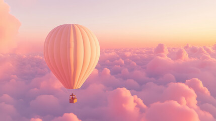 Obraz premium A soft beige hot air balloon with thin tan stripes, calmly hovering above layered dusk clouds, horizon kissed by warm light