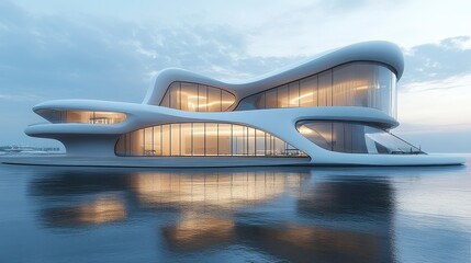 Fototapeta premium Modern architectural design of sleek home by calm water at sunset