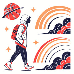 Urban Retro Streetwear Style Vector Art Illustration of Person Walking with Backpack by Basketball Planet Rainbow Clouds Stars Flat Line Art Design