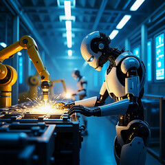 Humanoid Robots and Robotic Arms Collaborating in High-Tech Automated Manufacturing Line