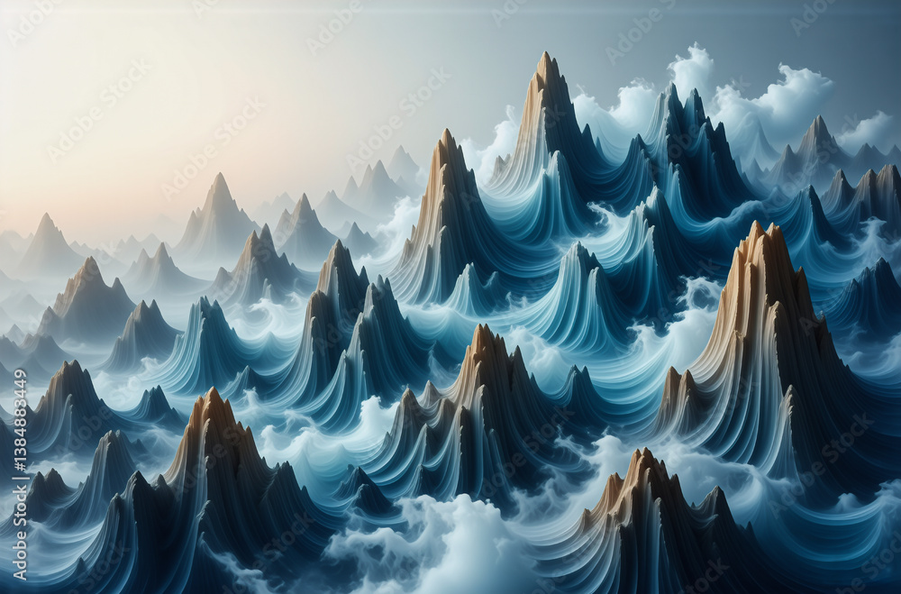 Poster Jagged mountain peaks emerge through a dense layer of clouds, creating an ethereal and dreamlike landscape. Soft light bathes the scene in cool tones, evoking a sense of vastness and serenity.