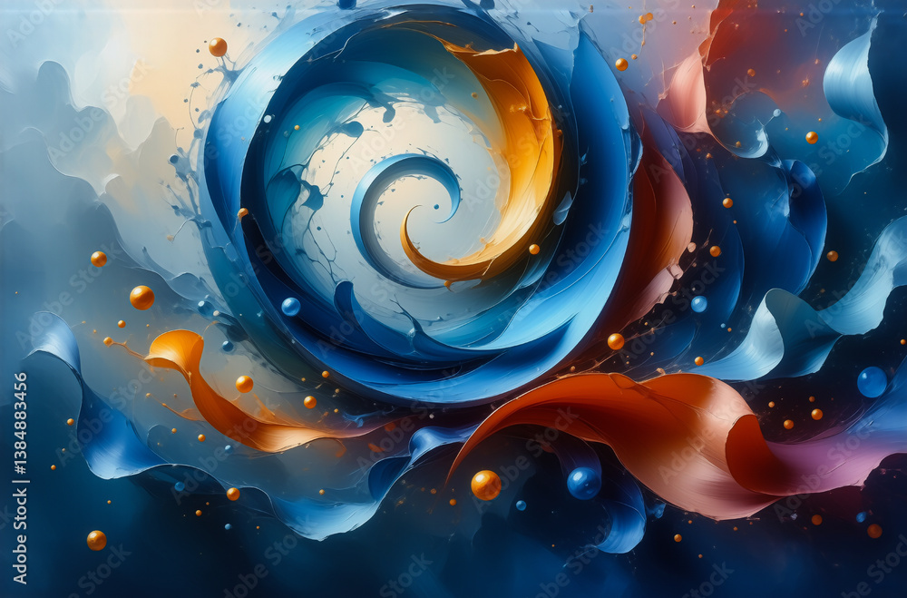 Poster Abstract blue and orange spiral swirls dynamically with fluid forms in a colorful artistic composition.