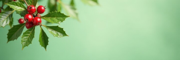 Hanging gold holly berry cluster on pale green background, greenery, winter wonderland