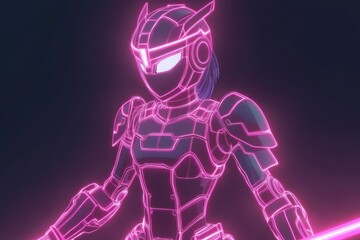 A neon-coded anime warrior girl stands as the main subject in this vibrant image with futuristic elements and dramatic lighting.