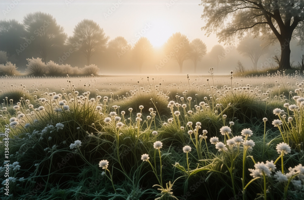 Poster golden sunlight bathes a misty field filled with plants and trees in the background. a serene and pe