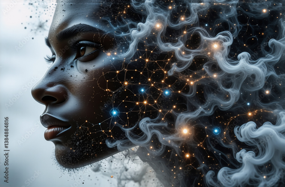 Fototapete A woman's side profile is adorned with luminous network of lines and dots, creating a digital and ethereal effect, blending human form with abstract technology.