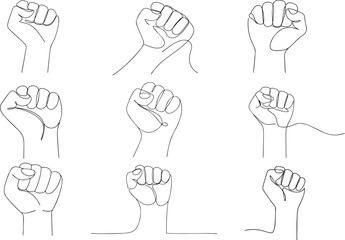Set of raised fist one line art vector illustration