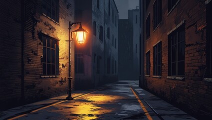 Atmospheric Rainy Night City Alleyway Scene Illuminated Streetlamp Brick Buildings Dark Urban