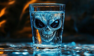 Alien skull submerged in glass of water with bubbles and dramatic lighting effects