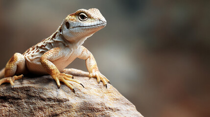 Obraz premium detailed image of lizard resting rock, showcasing its intricate patterns and textures. lizard skin displays blend of earthy tones, reflecting its natural habitat. background is softly blurred